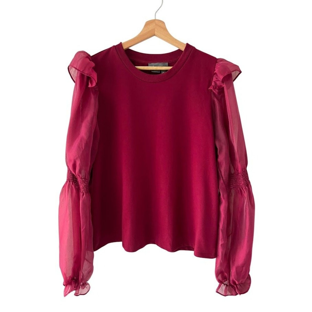 English Factory Ruffle Puff Sleeve Top XL Burgundy Sheer Mix Media Anthropologie